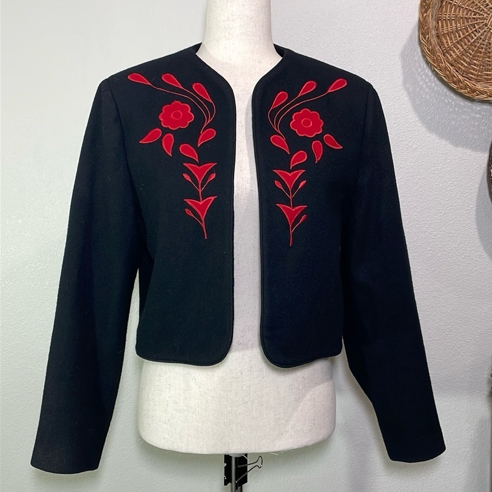 Vintage 100% Pure Wool Cardigan Lined USA Made Black Red Embroidered Flowers